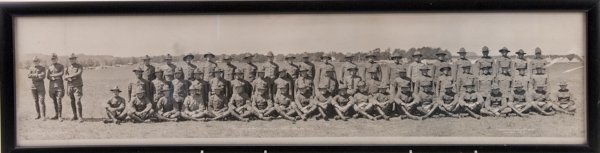 Radio Comp. A: 1st B.N.-WI 5 Signal Corps, 1917, by Garrett and Ruud, Madison, Wisc., Captain R.S. Wheaton, 7 1/2" H x 32 1/2" W, Frame 9 1/4" H x 34 1/2" W, Condition: Top to bottom tear 2 3/4" from left
