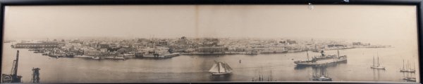 Havana, Cuba Harbor: Lower left corner "F. Gilbert La Discusion, Havana, Cuba", 9 1/2" H x 50" W, Frame 11" H x 52" W