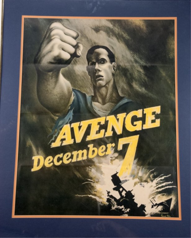 WWII Framed Poster: Avenge December 7, Bernard Perlin, 26 1/4" H x 20 3/4" W, Frame 33" H x 27" W, Condition: creases visible, minor paper loss