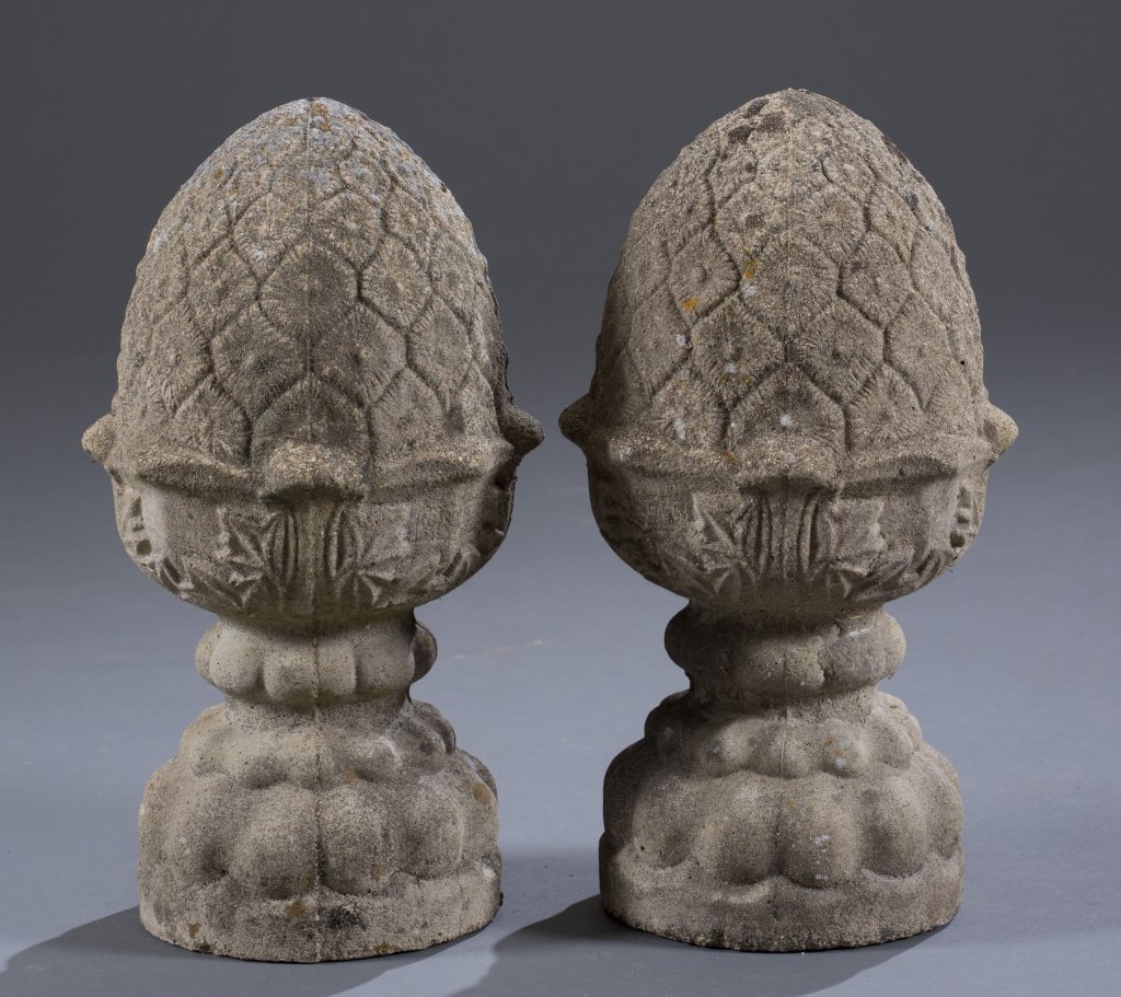 Pair of Cement Pineapple Garden Elements: 15 1/2"H Provenance: Historic Mount Walla in Scottsville, VA