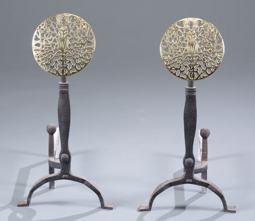 VA Metalcrafters Brass and Iron Andirons: 25"H x 12 1/4"W x 191/2"D Provenance: Historic Mount Walla in Scottsville, VA