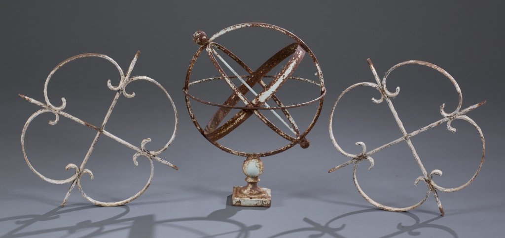 Three (3) Iron Architectural Elements: Armillary Sphere: 21 1/2"H Provenance: Historic Mount Walla in Scottsville, VA
