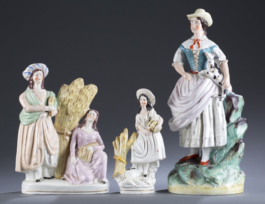 Three (3) 19th C. Staffordshire Figural Pieces: Two figural pieces with wheat. Tallest: 16 1/4" H Provenance: Estate of Robert V. Hatcher, Jr.