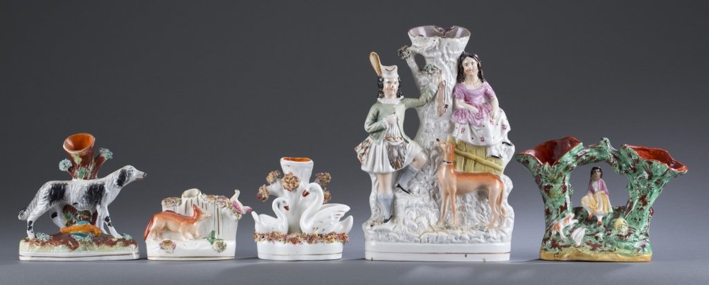 Five (5) Staffordshire Spill Vases: Figural with animals. Tallest: 10 1/2" H Provenance: Estate of Robert V. Hatcher, Jr.