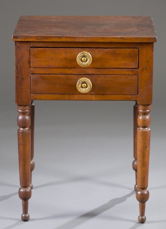 Country Sheraton Two Drawer Stand: Cherry with brass pulls, old refinish. 29" H x 20 3/4" W x 18 3/4" D