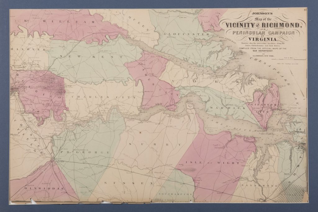 Johnson's 19th c. Map of the Vicinity of Richmond: Hand colored. Full Title: ohnson's Map of the Vicinity of Richmond, Peninsular Campaign in Virginia. Showing also the interesting localities along the James, Chickahominiy and York Rivers. . . Conside