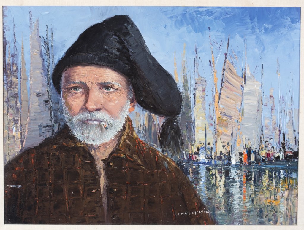 Oil on Canvas, Portuguese Sailor Augusto Martins: 22 1/2" H x 30 1/2" W, Frame 29 1/2" H x 37 1/2" W