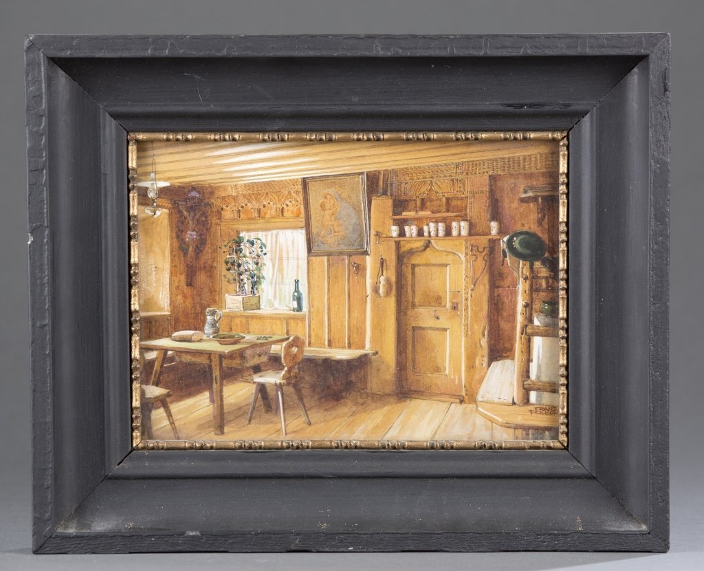 Franz Poledne (1873-1932), Austrian: Untitled Interior Scene Watercolour heightened with white. Signed lower right. 6 1/4" x 8 1/2" frame: 10 1/4" x 13"