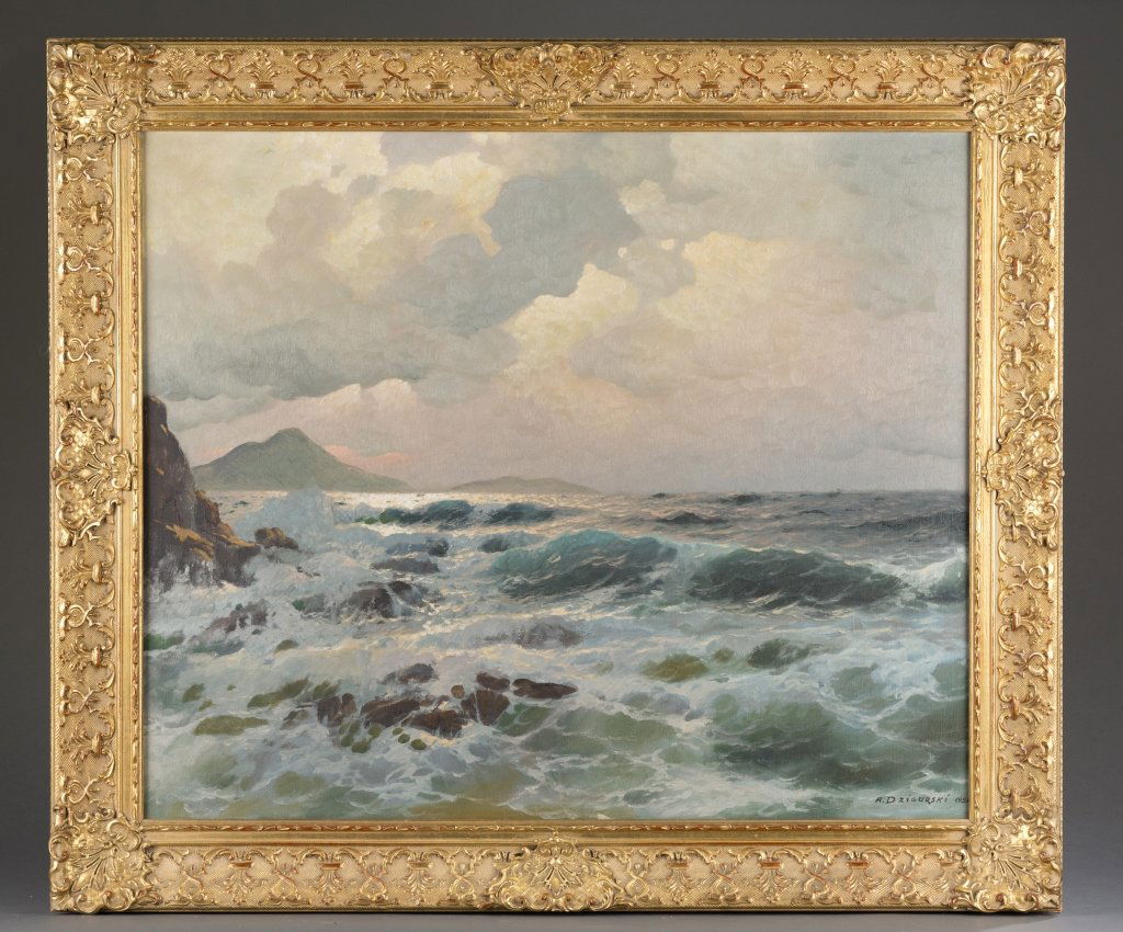 Alexander Dzigurski (Russian/American, 1911-1995): Capri Italy" 1950 Oil on Canvas Signed lower right corner and verso of canvas. 25" x 30 1/4", frame: 31 1/4" x 36 1/4