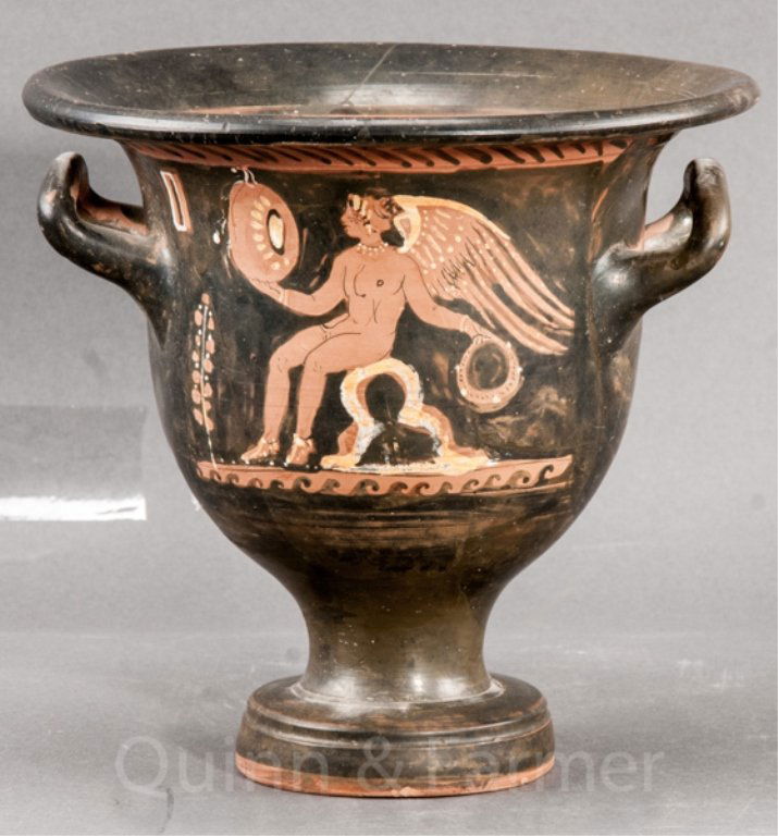 Greek Red-Figure Krater: Repaired. Female sphinx on one panel and winged god looking in a mirror on another panel. 9" x 9 1/4"
