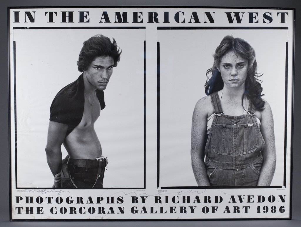 Signed Richard Avedon Exhibition Poster: In The American West Photographs by Richard Avedon The Corcoran Gallery of Art 1986 Signed by artist, "To George Cruger / Avedon" 36 1/4" x 48 1/4" Framed under glass