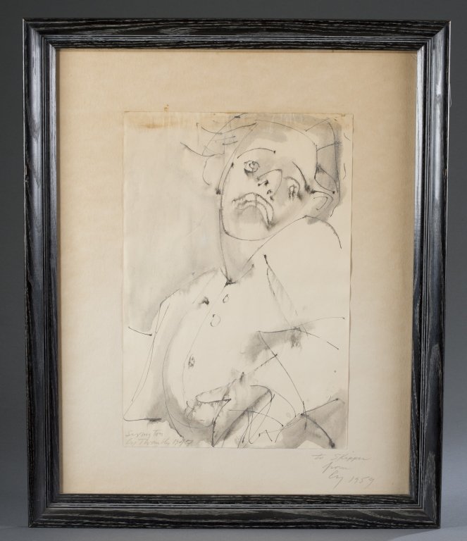 Cy Twombly, (American, 1928 - 2011): Untitled Self Portrait, 1947. Graphite, ink and gouache on paper. Signed in pencil on portrait: "Lexington / Cy Twombly 1947." Signed on mounting paper: "To Skipper from Cy 1959." Sight size: 23 3/4" 