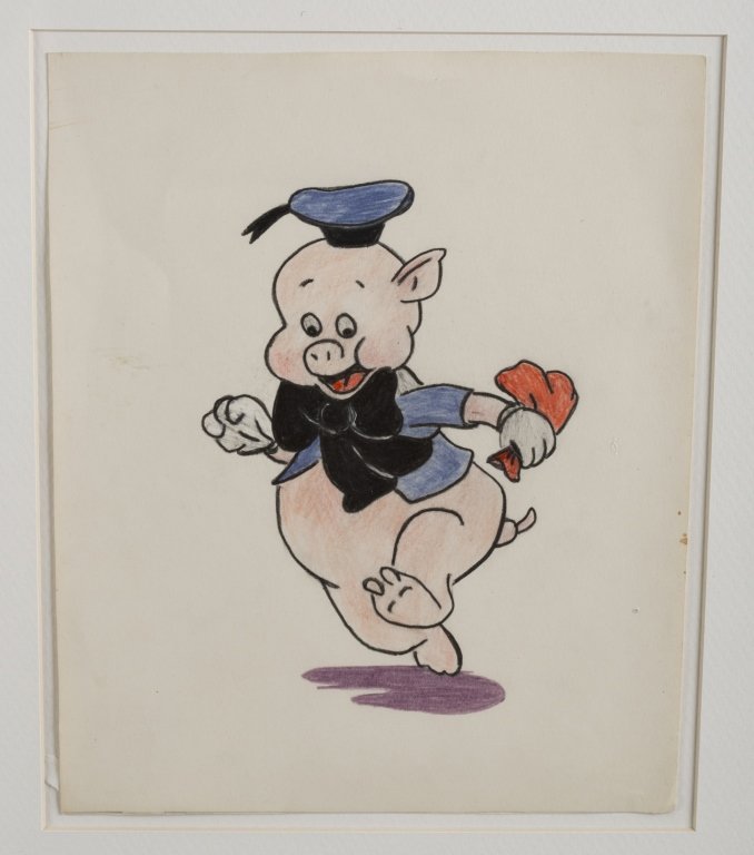 Cy Twombly, (American, 1928 - 2011): Wax crayon on paper. Character study of Fiddler Pig from The Three Little Pigs. Signed on verso. Framed under glass. 10" x 8 1/4", frame: 17 1/4" x 15 1/4" Provenance: From the artist to the current o