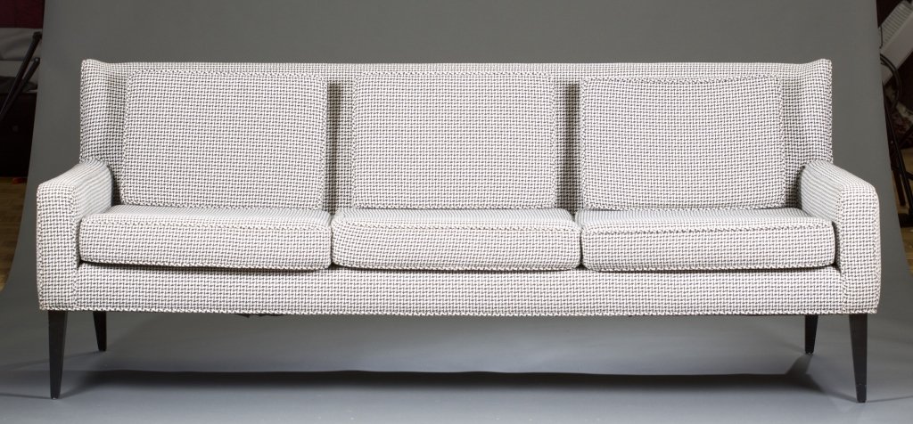 Paul McCobb for Custom Craft Sofa: Three-seat sofa with black and white houndstooth wool upholstery. Black tapered legs. 29 3/4" H x 72" L