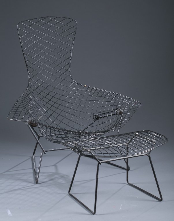 Harry Bertoia for Knoll Bird Chair and Ottoman: Black painted metal chair and ottoman frame with original red upholstery. Upholstery in poor condition. 38 1/2" H x 37" W x 32" D
