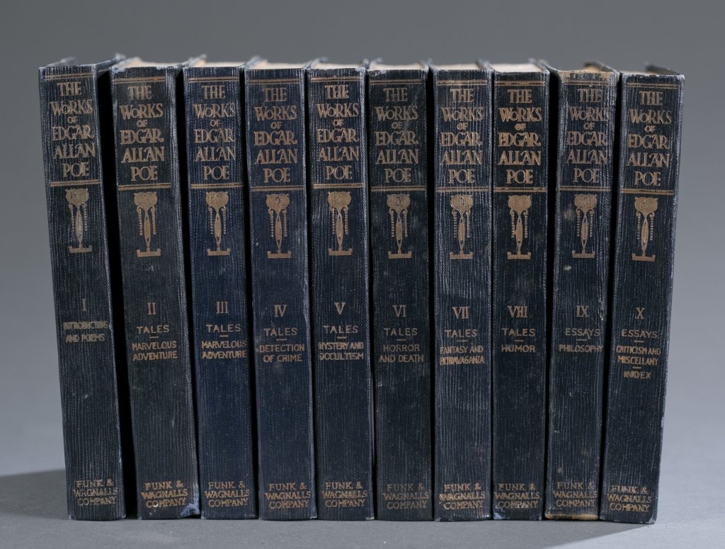 The Works of Edgar Allen Poe, 10 vols.: Complete set. Published by Funk & Wagnalls in 1904, Commemorative Edition. Dark blue leatherette hardcover.