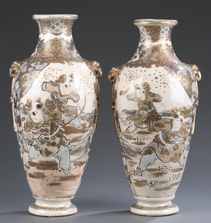 Pair of Satsuma-Style Vases: 20th c. or earlier. Panels depicting samurai with gold scroll and geometric pattern fill. 12" H