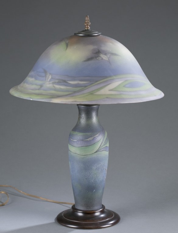 H. Fisher Pairpoint Table Lamp: Ocean theme with seagulls and sailboat. Two-socket bulb fixture. Signed H. Fisher on interior rim of Copley shade. Original wooden base with Pairpoint sticker. 25" H