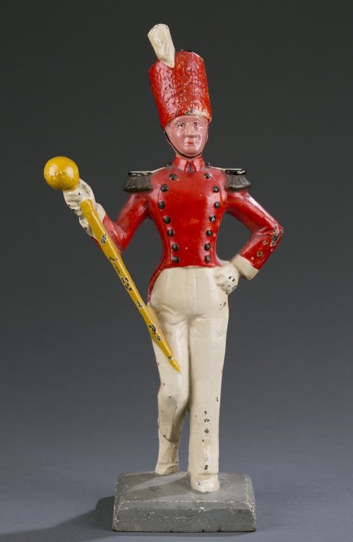 Cast Iron Drum Major Doorstop: Minor losses to paint. Unmarked. 13" H