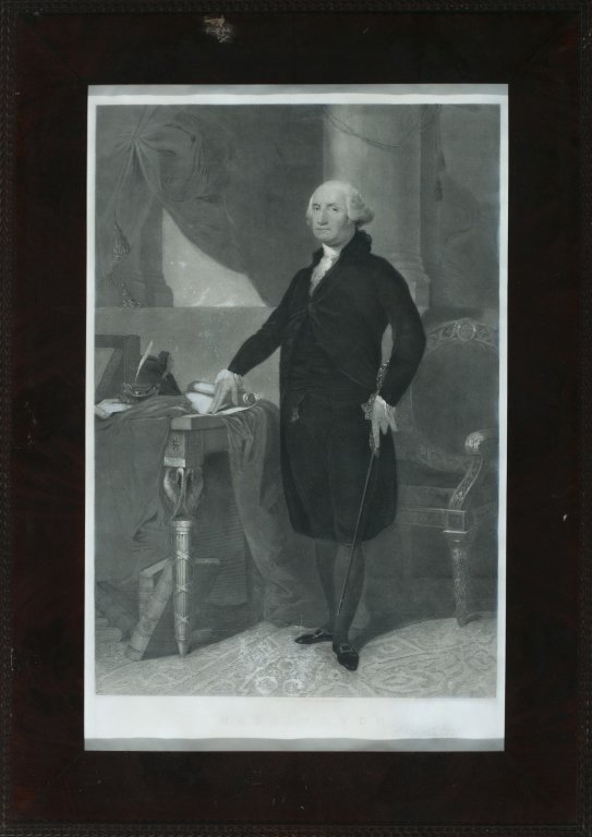 19th c. Engraving of George Washington: Engraving by J. Halpin after a painting by Stuart. Framed under glass. Minor toning. 27" x 17", frame: 34 1/2" x 24 1/2"