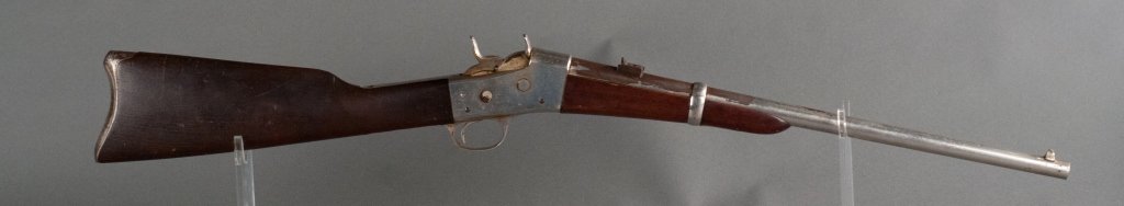 Remington Rolling Block Carbine: Ca. 1875. Caliber appears to be .43 Spanish but not guaranteed. No serial. Bar and swivel ring present. Gun has been nickeled and retains approximately 70% finish. Stock is very good with minor scratc