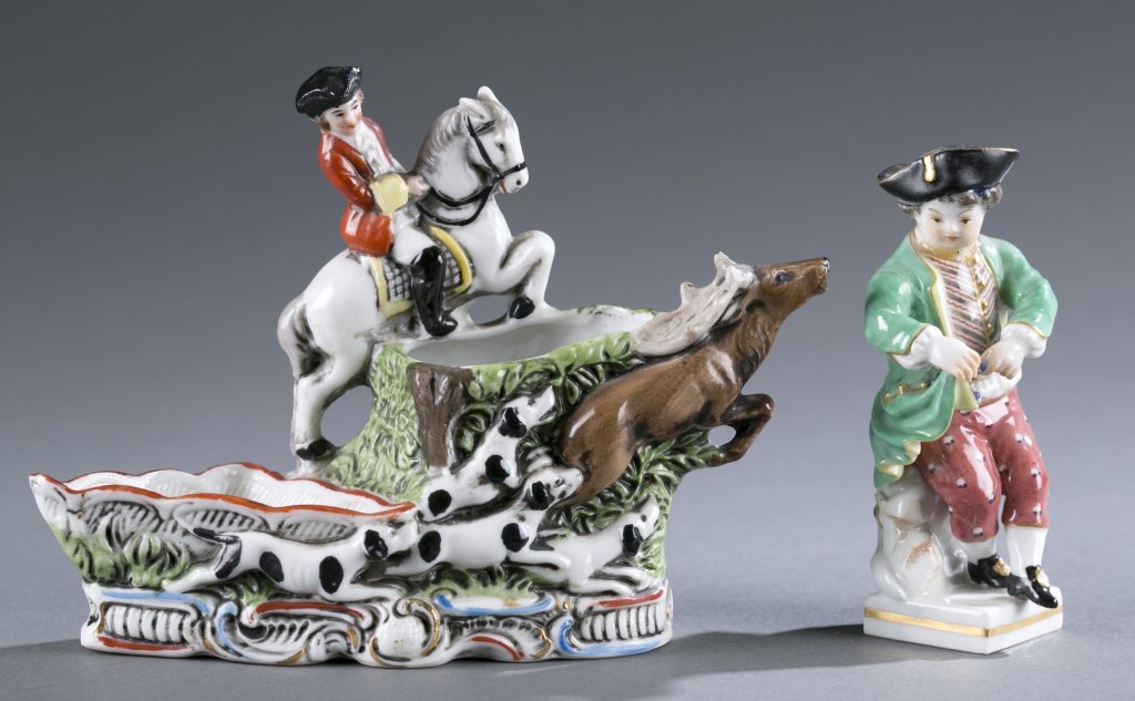 Two Pieces of German Porcelain: Including Meissen figure of a young gentleman and a marked "German" match safe. Tallest: 4 1/2" H Provenance: The Estate of Robert V. Hatcher, Jr. of Manakin-Sabot, VA.