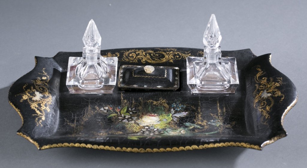 Victorian Papier Mache & Mother of Pearl Inkstand: English, late 19th c. Painted/gilded decoration with inlaid mother of pearl. Original glass ink bottles. 14" x 9 1/2" Provenance: The Estate of Robert V. Hatcher, Jr. of Manakin-Sabot, VA.
