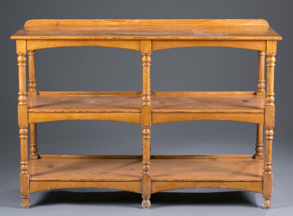William & Mary-Style Server: Pine. Block and turned supports. Two open shelves. 37" H x 54" L x 20" D Provenance: The Estate of Robert V. Hatcher, Jr. of Manakin-Sabot, VA.