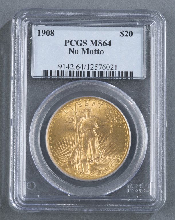 1908 Twenty Dollar Saint-Gaudens Gold Coin: No Motto Certified MS 64 Slabbed by PCGS