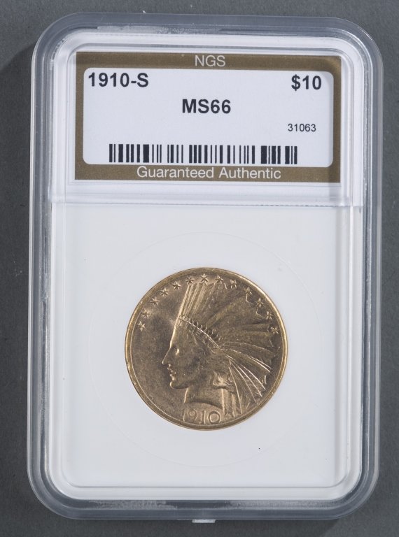 1910-S Gold Ten Dollar Indian Head Coin: Certified MS66 Slabbed by NGS