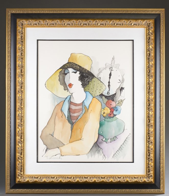 Itzchak Tarkay (Yugoslavian/Hungarian, 1935-2012): Decadent Delight" Watercolor and mixed media on woven paper Signed lower left corner Matted and framed under glass. 28" x 21", frame: 42 1/2" x 36