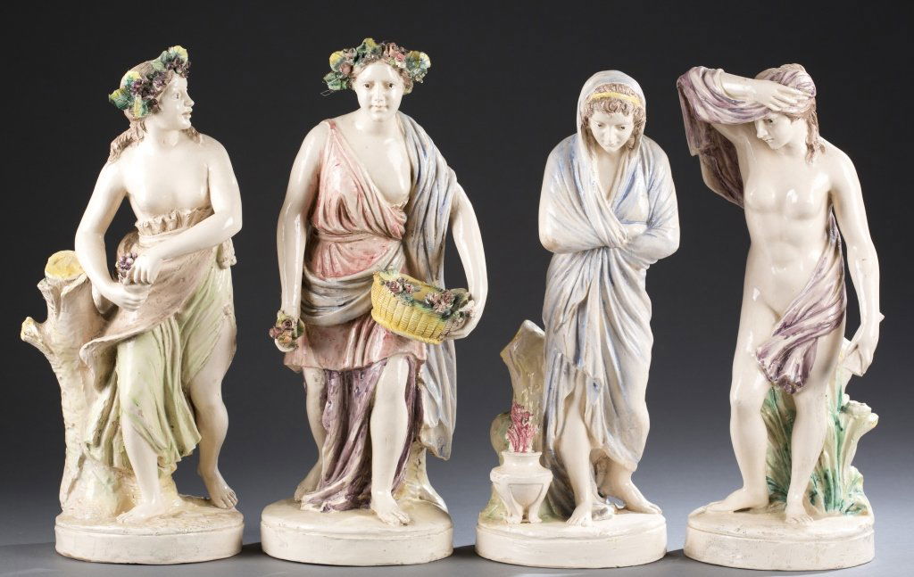 Four Capo di Monte Porcelain Sculptures: Porcelain made by the Capo-di-Monte factory in Naples, Italian Ca. Late 18th c. - Early 19th c. Four colored goddess sculptures All have the hand-painted crown "N" mark on the bottom. Tallest: 15" H