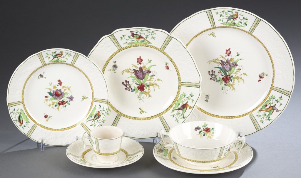 Copeland Spode 34 Piece Partial Dining Set: In the "June" pattern. Including: Two bullion cups with underplates Seven tea cups Five saucers Five salad plates Eight luncheon plates Five dinner plates Saucer: 5 5/8" D, Salad: 8 7/8" D, Luncheon: 