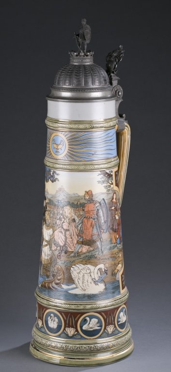 Villeroy & Boch Mettlach Stein: Late 19th/Early 20th C., #2455. Lohengrin's arrival. Pewter lid with knight atop. Thumb lift and hinge. Chip on the base. Repairs to the bottom. 25 1/2" H