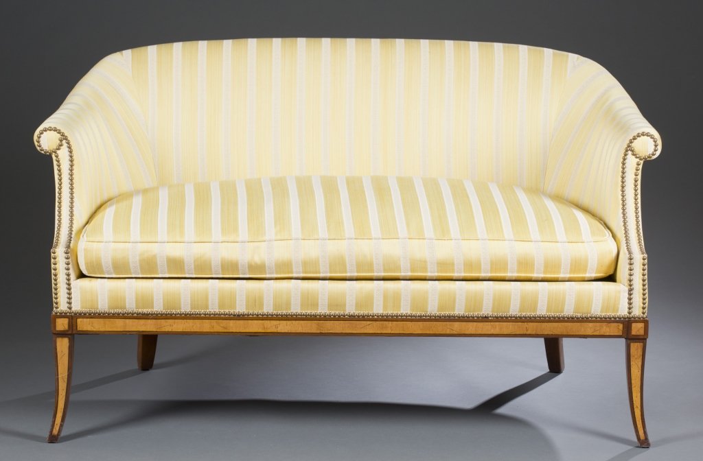 Hickory Chair Federal Style Settee: Maple with maple veneer. Yellow striped upholstery with tacking. Manufacturer's label attached under cushion. 32" H x 54" W x 24" D