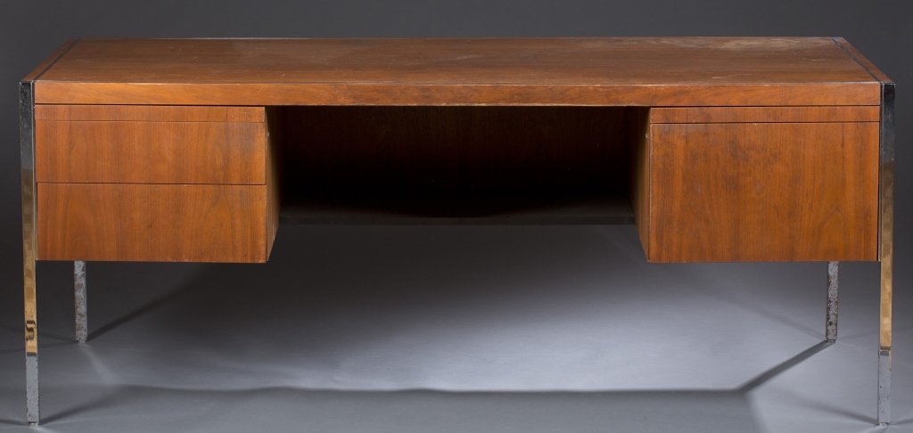 Knoll Executive Desk: Walnut. Designed by Richard Schultz. Considerable wear on top of case. 28 1/2" H x 72" W x 32 1/4" D
