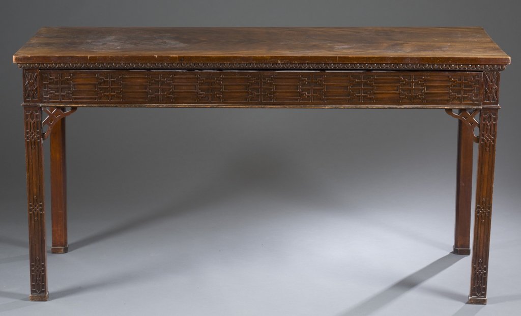 19th c. Chinese Chippendale Style Console Table: Mahogany with flame mahogany veneer. Full-width drawer on one side. Rectangular top and square legs with chamfered backs, blind fretwork decor and pierced corner brackets. Brackets and hardware replac