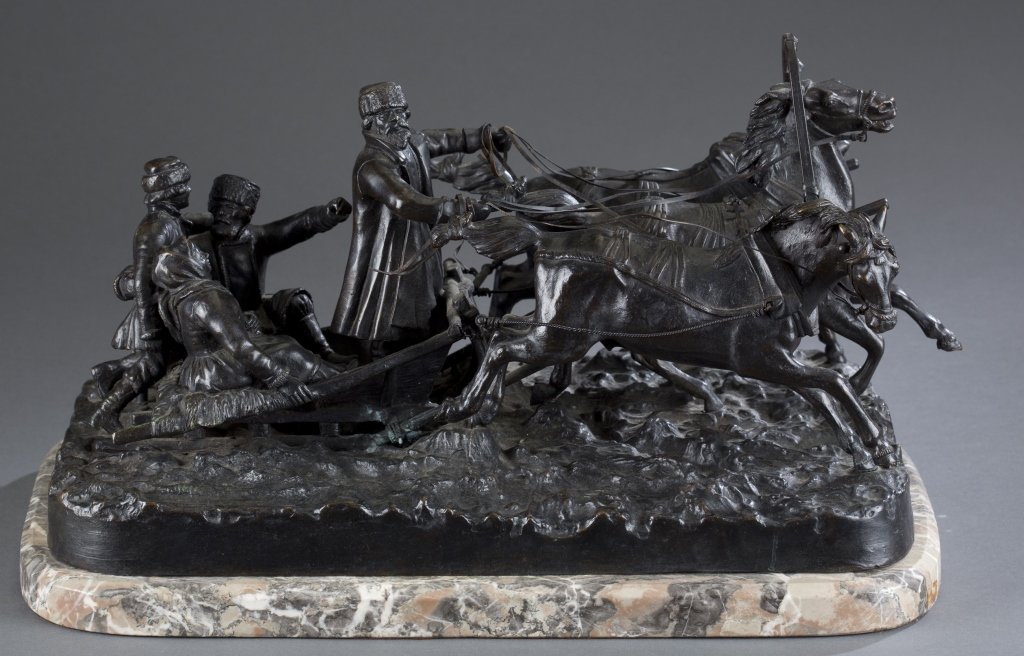 Russian Bronze Troika Sled Scene: Bronze mounted on granite Untitled, Similar to "Speeding Troika" after Vassily Gratchev Signed on base, "E. Hancz(?)" 11 H x 17" L (not including marble base)