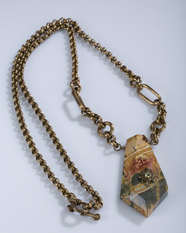 Stephen Dweck Cognac Quartz and Bronze Necklace: Marked "Stephen Dweck" on chain. Pendant: 3 1/4" L Necklace: 36" L