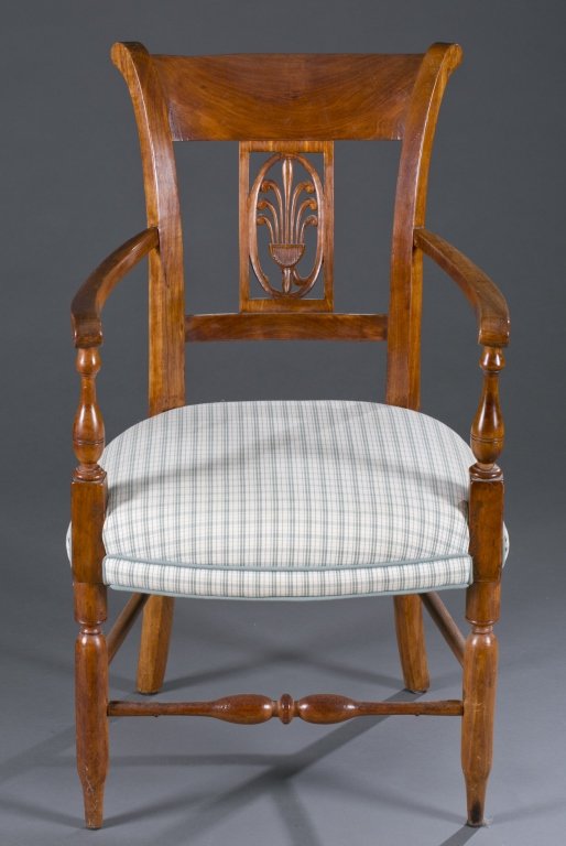 19th c. French Style Country Sheraton Armchair: Cherry. 32 3/4" H x 19" W x 18 " D Provenance: Deaccessioned property from Michie Tavern, Charlottesville, VA