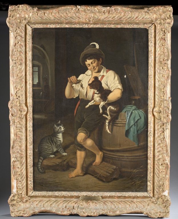 18th c. Continental School Oil on Canvas: After Jean-Étienne Liotard (Swiss, 1702 - 1789) "Puzzled" Signed lower left corner Cut and relined 26 3/4" x 18 3/4", frame: 33 3/4" x 25 3/4"