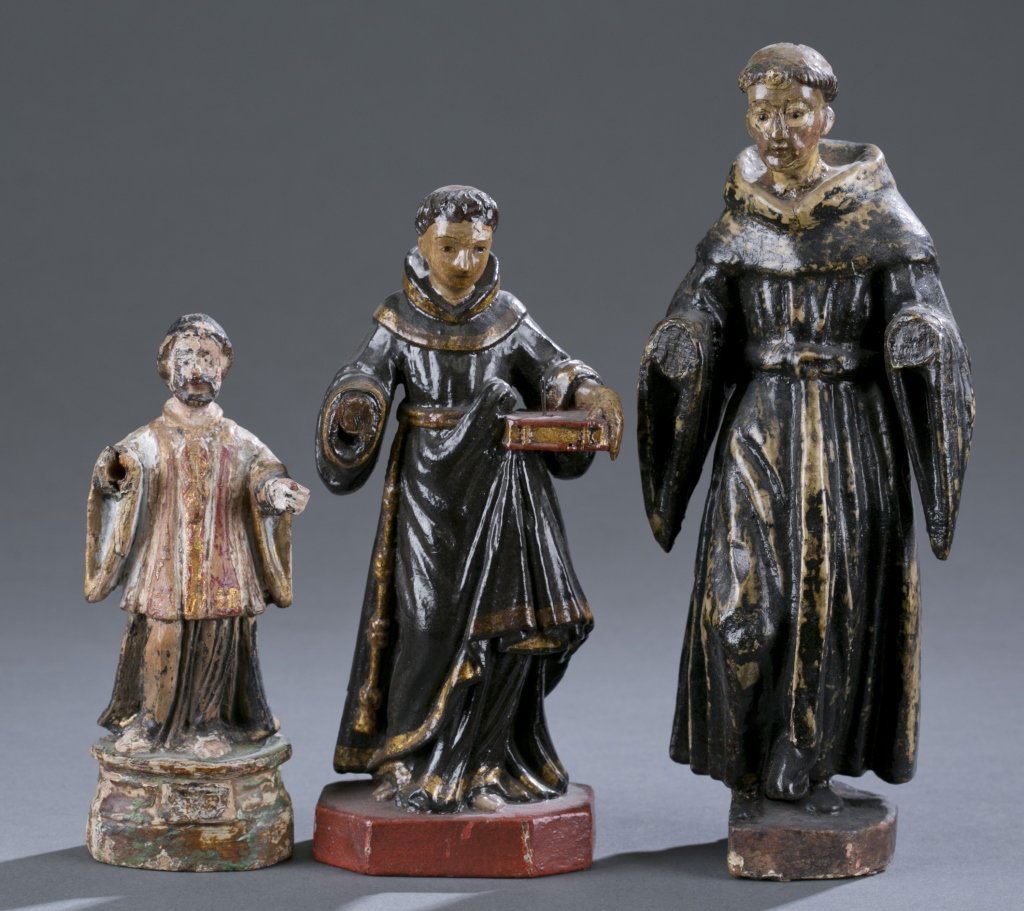 Three 18th c. or Later European Santos Figures: Two wood carved polychrome monk figures in classical robes; three of four hands missing on figures. Smaller wood carved polychrome pope figures in white and red robes with gilt decoration; missing one