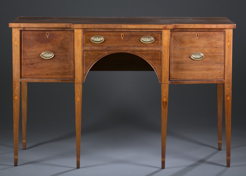 Federal Sideboard: Walnut, line and flower inlay and "ice cream cone" shaped escutcheons, constructed with tenon-through construction 38" H x 58 1/4" L x 23 1/2" D