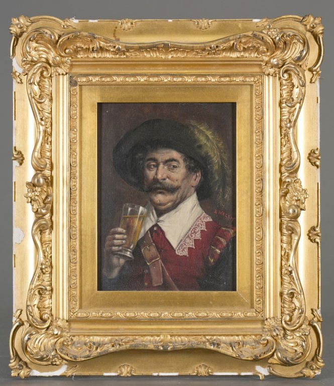 Eduard Von Hagen (German, 1834-1909): Untitled Portrait Oil on Board Gentleman in three quarter view with raised beer. Signed in red, E. Hagen. Pencil markings on verso. 8 1/2" x 6"; Frame: 15" x 13"