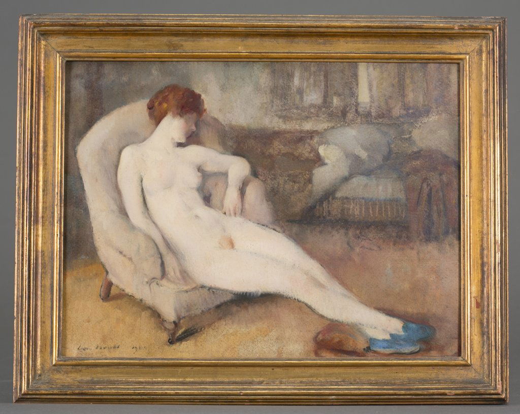 Leon Kroll (American/New York, 1884-1974): Oil on Panel Nude in an Armchair, 1921 Signed and dated on the lower left corner 12" x 16"; Frame: 15 1/4" x 19 1/2" Two labels present on verso: Bernard and S. Dean Levy, Madison Ave, New York and Th