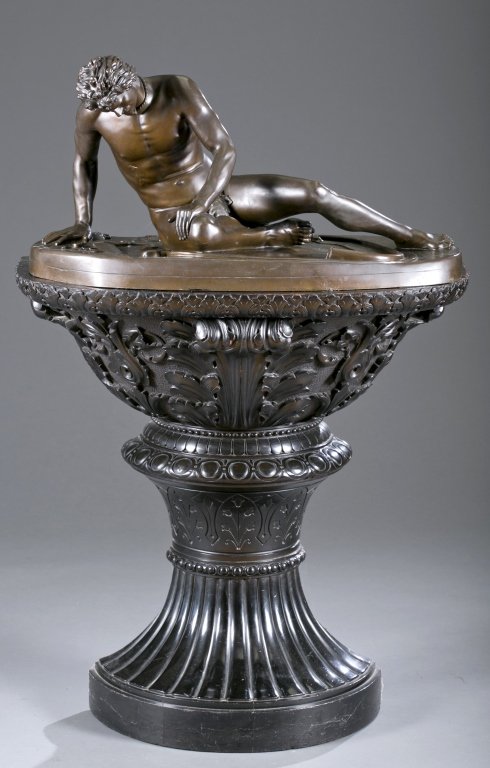 Late 19th c. French Bronze "The Dying Gaul": "F. Barbedienne. Fondeur / CHC767"; pedestal carved and painted ebonized wood. Pedestal 33" H x 31" L x 15" DBronze 15" H x 30" L x 13 1/2" D