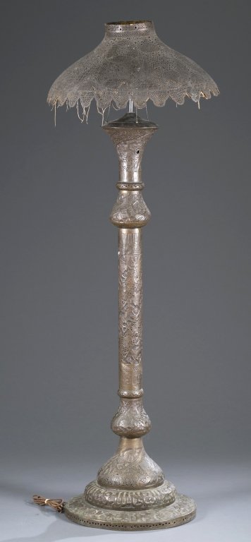 19th c. Moroccan Pierced Brass Floor Lamp: Geometric patterns on shade and body. 72"H