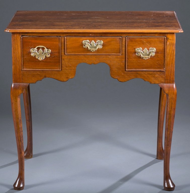18th c. Queen Anne Low Dressing Table: Low dressing table with three drawers, cabriole legs and pad feet. 29" H x 30 1/2" L 19" D