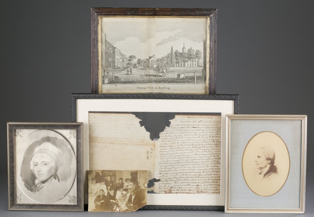 Richard Henry Lee Memorabilia: Richard Henry Lee letter dated 1789 describing personal news and financial transactions as found with losses and together with framed prints of Richard Henry Lee and Nancy Lee, a late 19th century cab