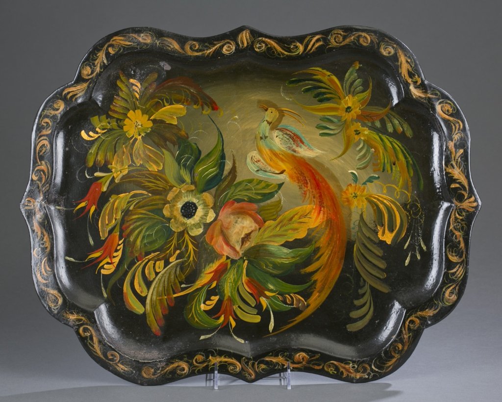 Tole Decorated Tray: Hand painted flowers, bird and gilt decoration. Unsigned.